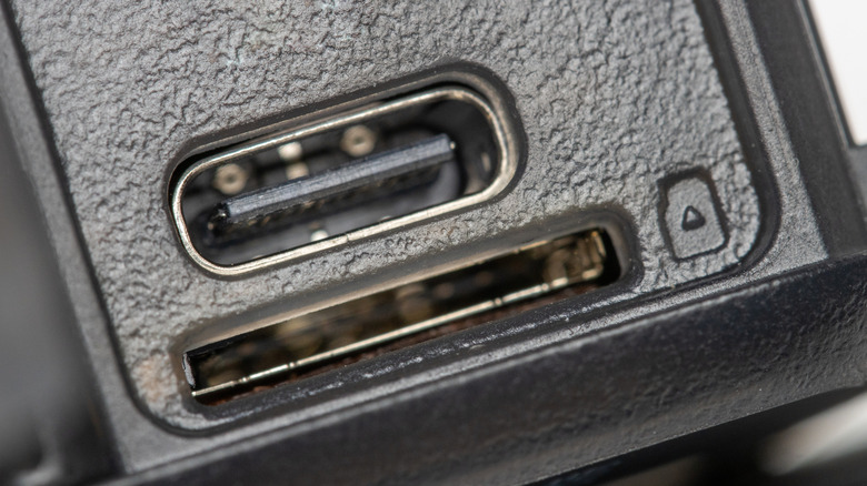 A close-up of a camera's USB-C port
