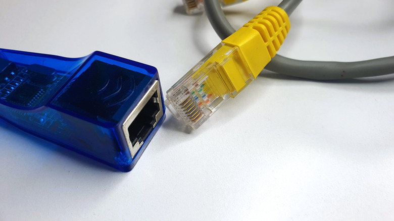 A closeup of an Ethernet cable RJ45 connector with an adapter