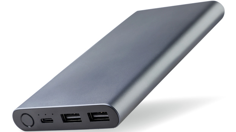 Gray power bank on white background