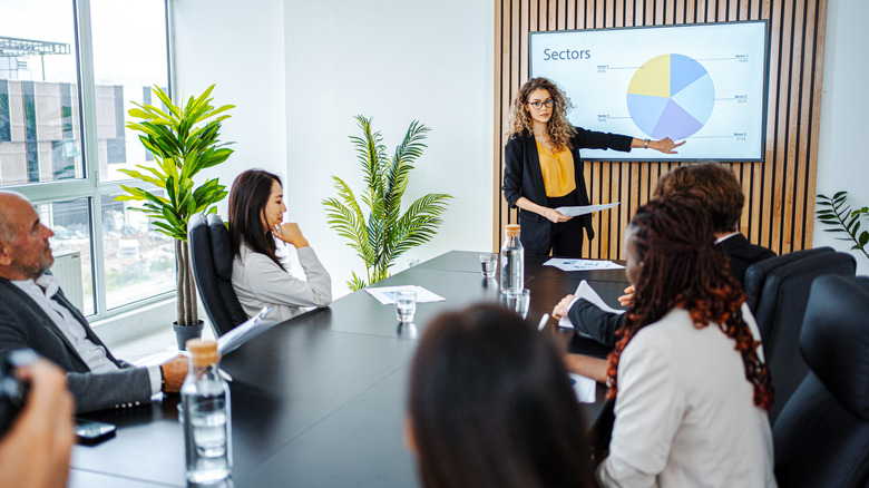 A woman referencing a pie chart on a TV to give a workplace presentation.