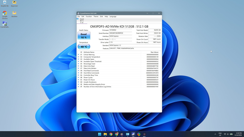running CrystalDiskInfo to check SSD health and temperature on Windows 11