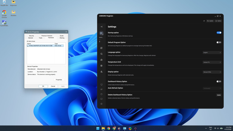 Checking drive properties and updating SSD firmware using Samsung Magician on Windows 11