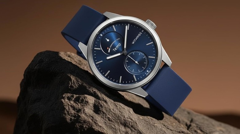 Withings ScanWatch 2 hybrid smartwatch in blue on a rock as a featured product image.