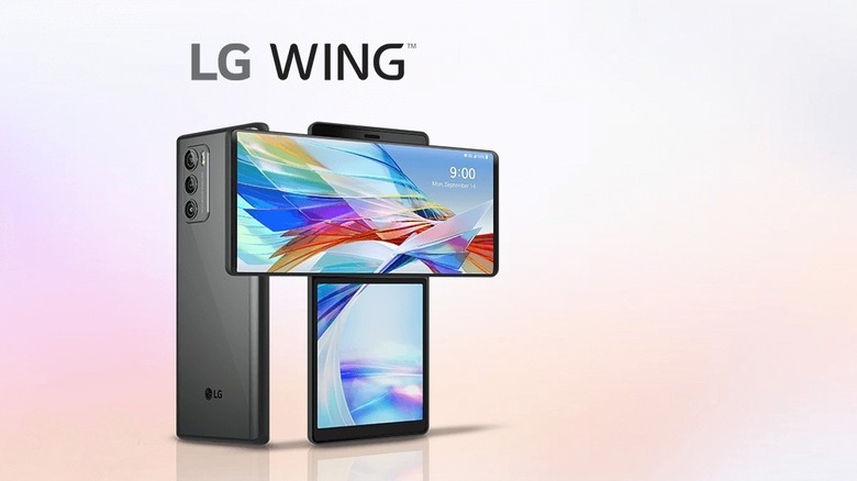 LG Wing 5G showing rear of phone as well as rotated screen