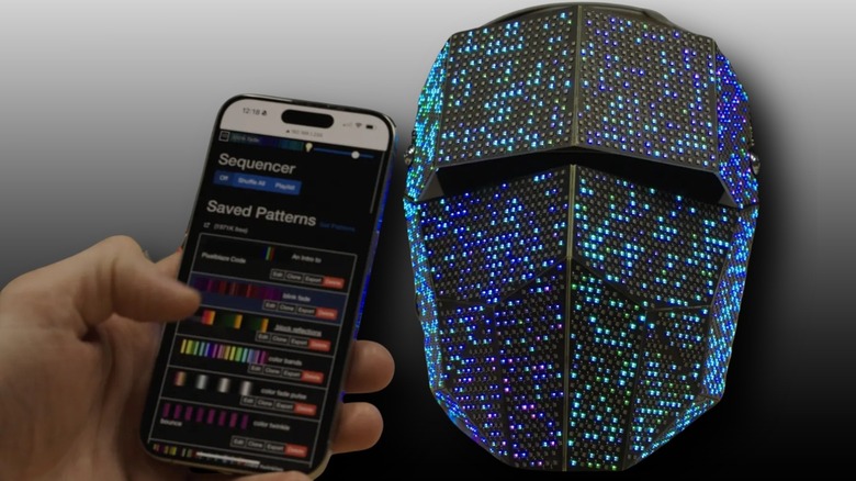 Testing out an assembled Become Anyone LED array with a smartphone app on a black to white gradient background