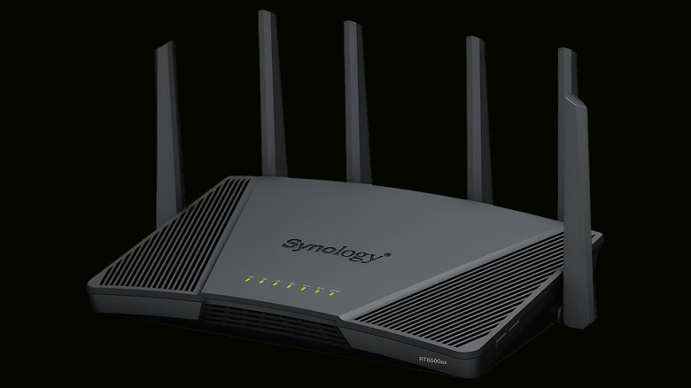 Synology RT6600ax - Tri-Band 4x4 160MHz Wi-Fi router on a black background