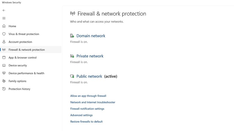 Firewall settings in the Windows 11 Security app