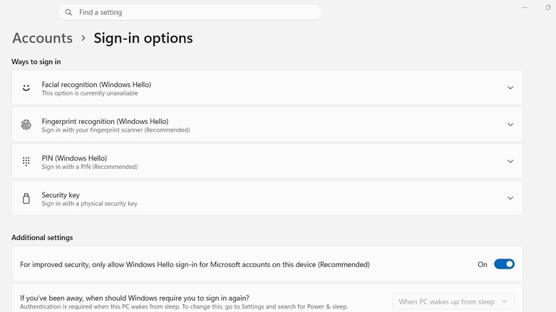 Windows Hello options in the Windows 11 Settings app