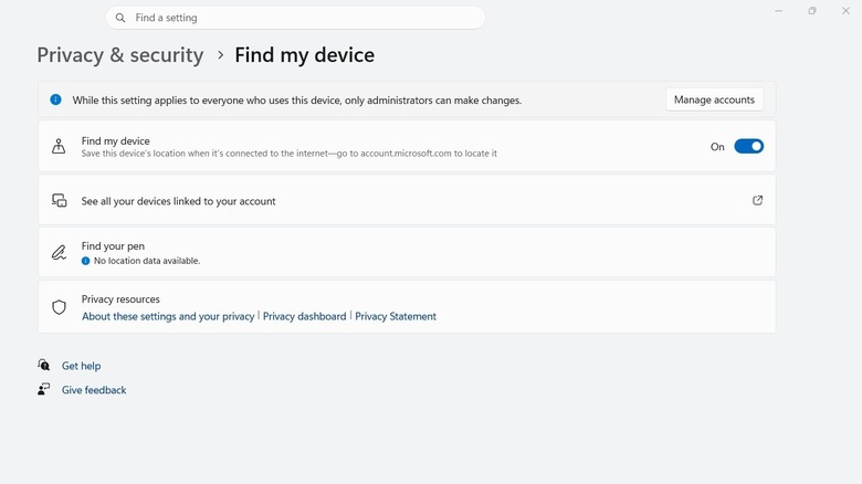 Toggling on Find My Device in Windows 11