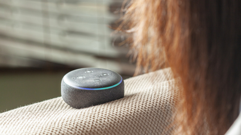 Woman speaking to Amazon Echo assistant