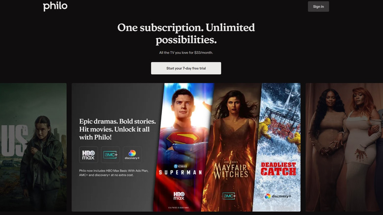 Philo website showing TV channel options