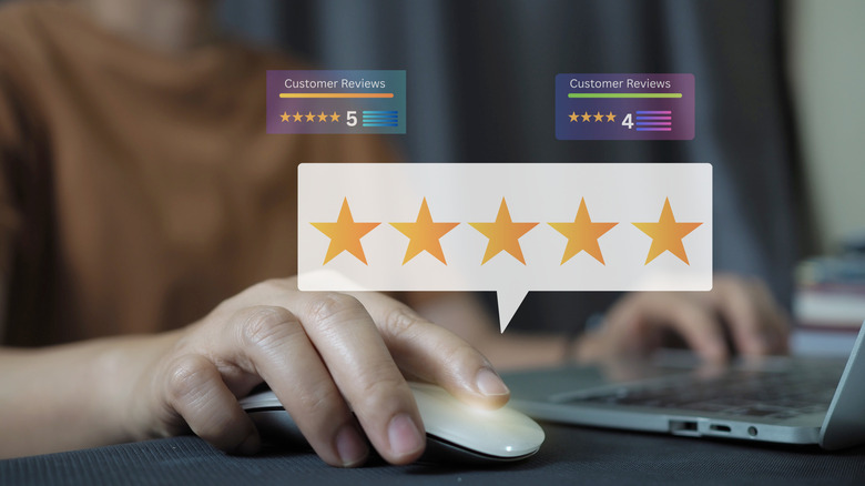 Holographic image of five star ratings and customer reviews.