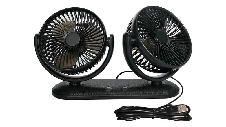 Two fan heads on a black base