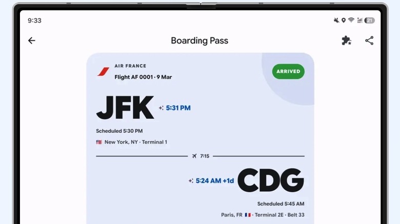 A boarding pass shown on the foldable display of a smartphone running the Aviate app.