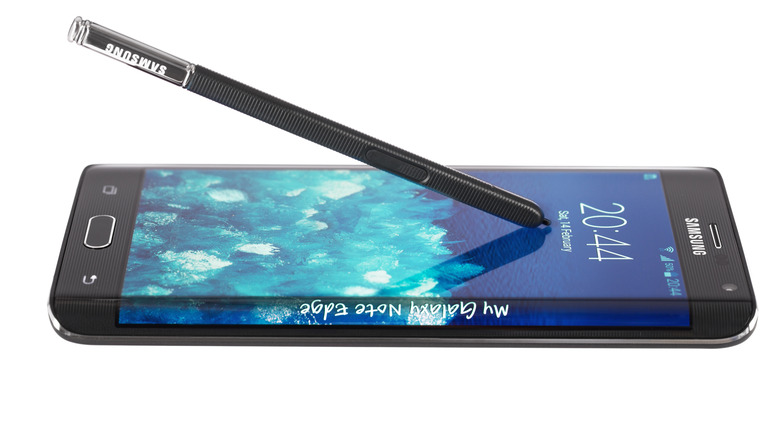 A Samsung Galaxy Note Edge with its stylus on a white background.
