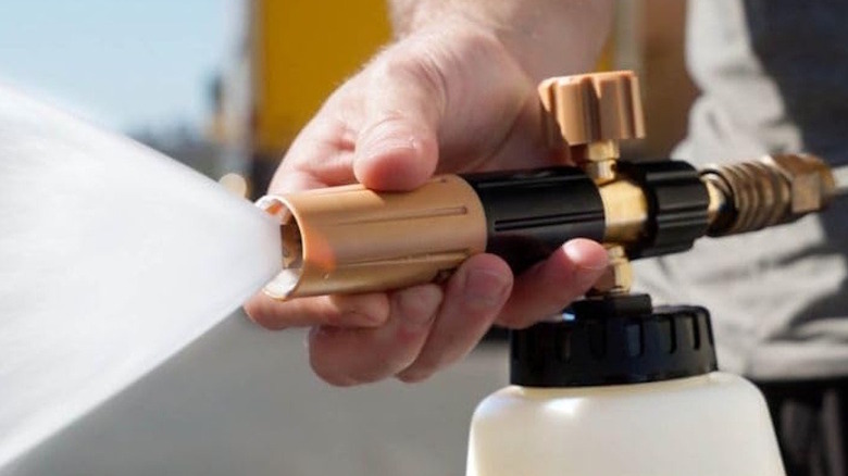 Ethos Foam Cannon Pro V2 being used to spray water and soap