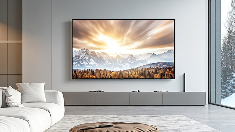 Orei HDMI switch beneath a large television in a media room