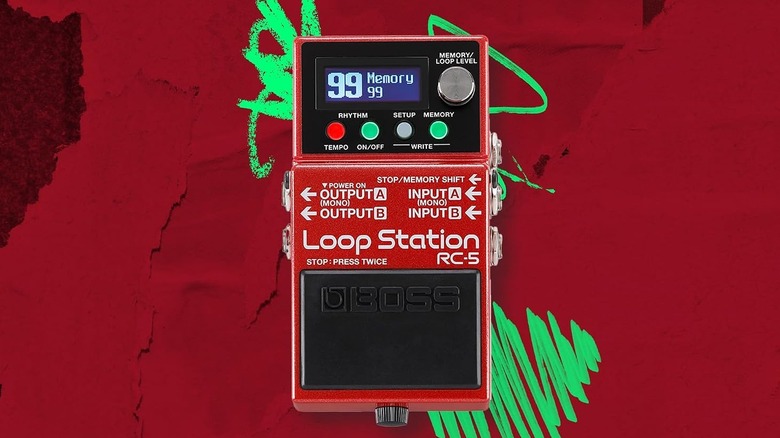 A red Boss RC-5 Loop Station pedal against a green scribble and a textured red background.