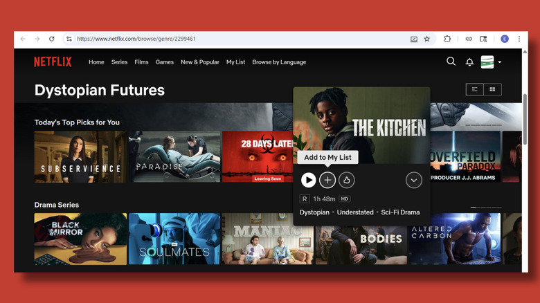 Netflix page showing the Dystopian Futures category using the code 2299461