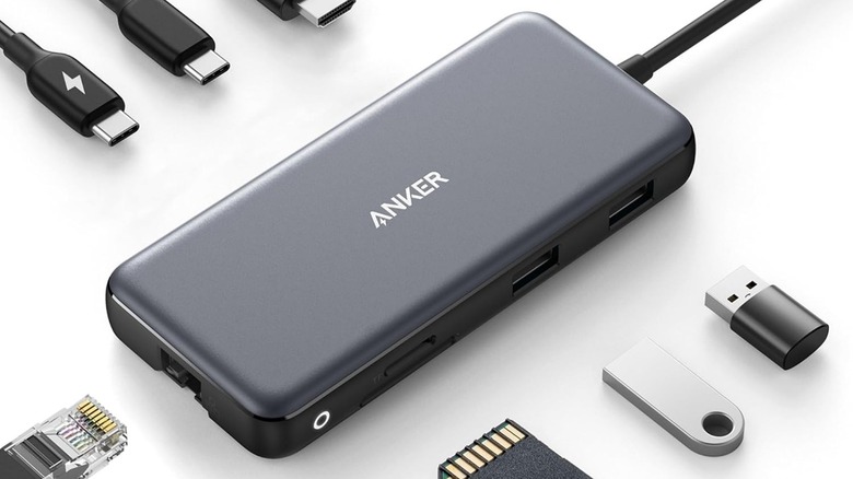 the Anker 555 8-in-1 USB-C Hub showing the items you can plug into it