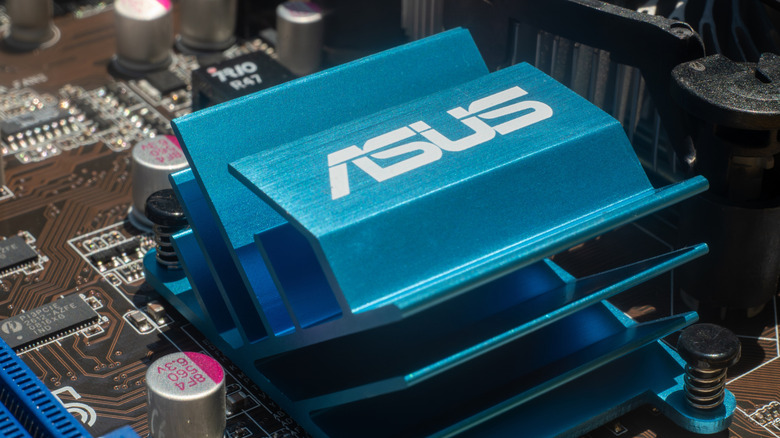 The ASUS brand on the top of a motherboard's heat sink.
