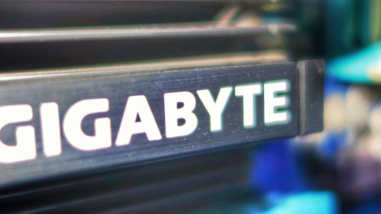 The Gigabyte brand on the side of a motherboard's heat sink.