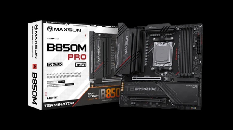 A Maxsun motherboard propped up beside its box on a black background.