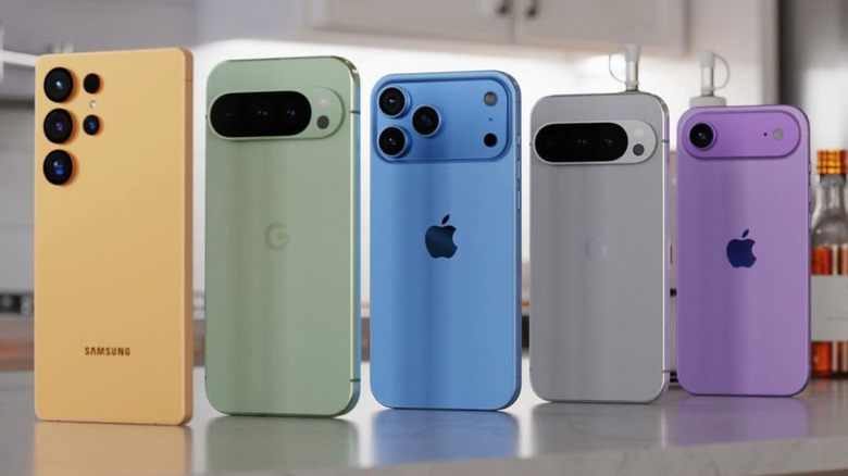 Five smartphones lined up.