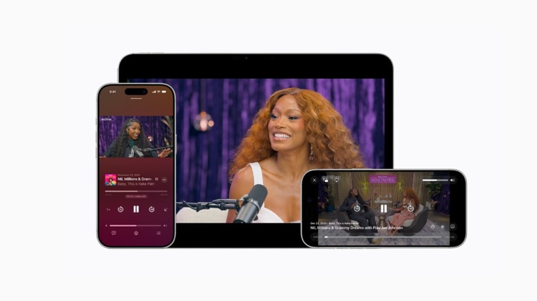 Two iPhones and an iPad highlight video podcasts on the Apple Podcasts app
