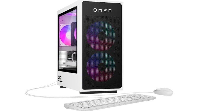 A product render of the HP Omen 35L Gaming PC and it's included keyboard and mouse in white.
