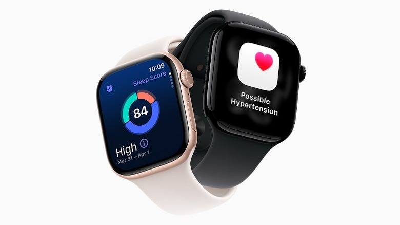 Two Apple Watch Series 11 smartwatches, one showing a sleep score and the other a "Possible Hypertension" alert.