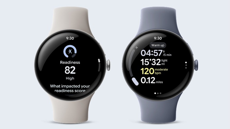 Two Google Pixel Watch 4 smartwatches, one taupe and one gray, showing various health metrics.