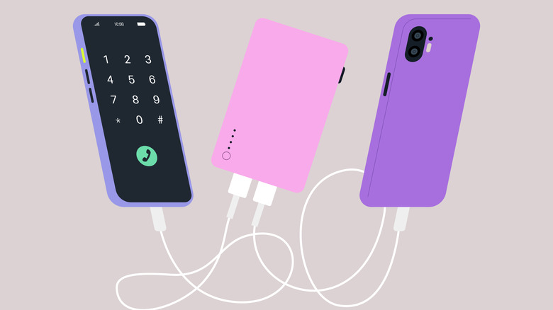 Digital images of iPhone and other phone connected to a power bank.