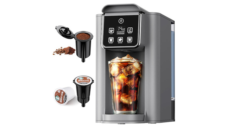 Hot and Iced Coffee Machine with iced coffee underneath with brewed coffee on the side