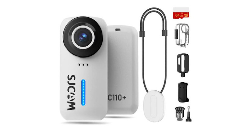 Wearable Body Camera from SJCAM with camera, charger, and multiple accessories