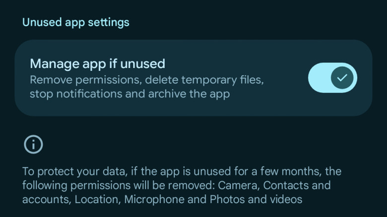 A screenshot of "Unused app settings," with a focus on the "Manage app if unused" toggle