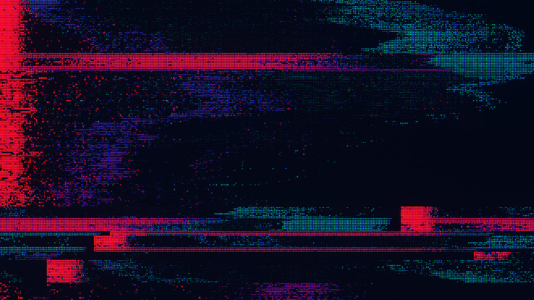 Abstract glitch-art image with bright red, blue, and purple digital distortion patterns and horizontal scan lines on a dark background.