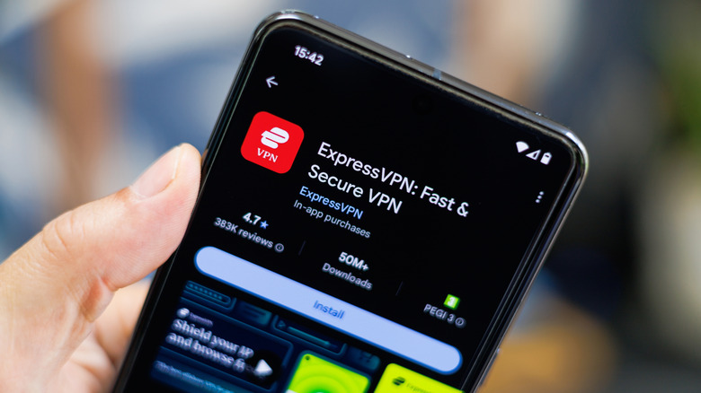 Google Pixel phone showing ExpressVPN download page on Play Store
