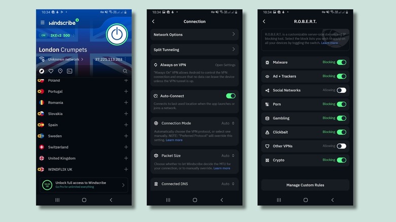 Screenshot of Windscribe VPN on Android
