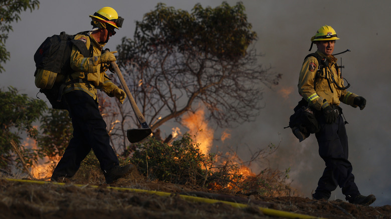 Two firefighters in protective gear working near an active wildfire.