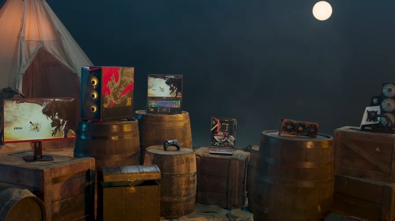 Products from MSI's Monster Hunter PC line displayed on boxes and barrels