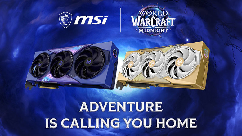 MSI's World of Warcraft: Midnight graphics cards, one purple/black and one gold/white, on a blue stormy background