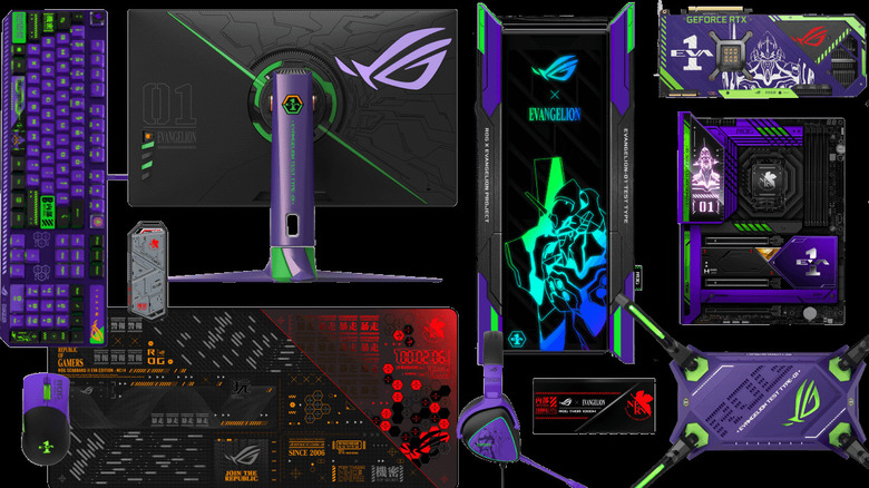 ROG's Evangelion line of PC parts including a motherboard, monitor, and router.