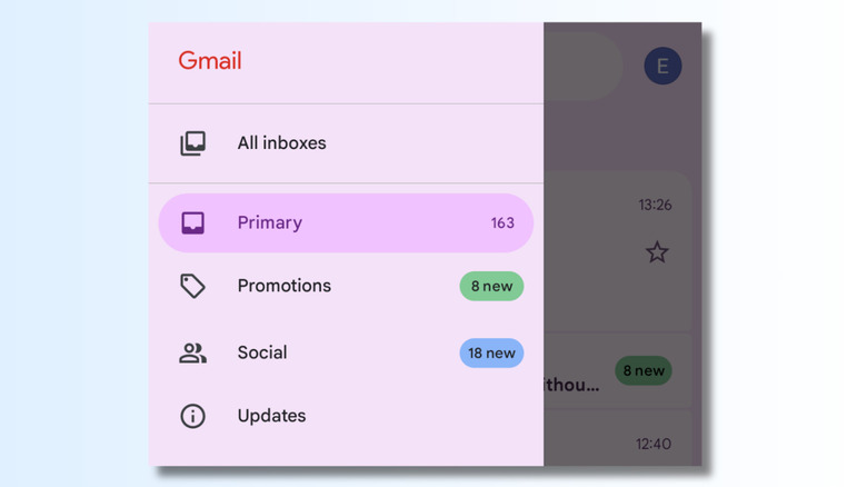 Cropped screenshot showing the side menu in Gmail
