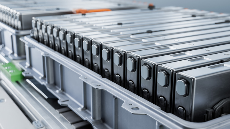 A row of batteries for electric vehicles.