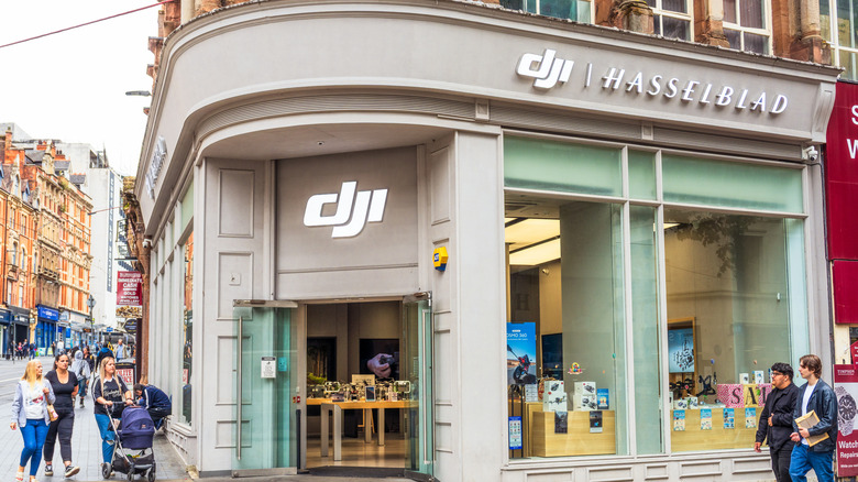 A DJI store on the corner of a street