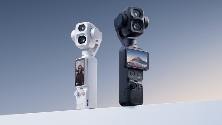 A stylized picture of a white and a black DJI Osmo Pocket 4P camera