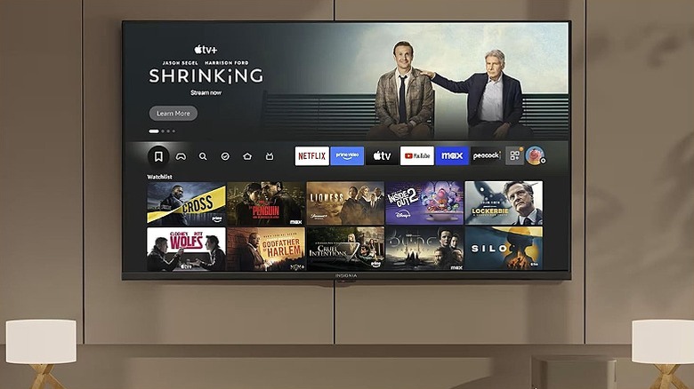 TV screen showing multiple streaming platforms and shows placed on a tiled wall.