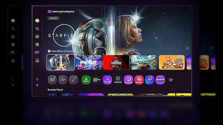 Samsung TV's home screen with various shows, icons, and apps.