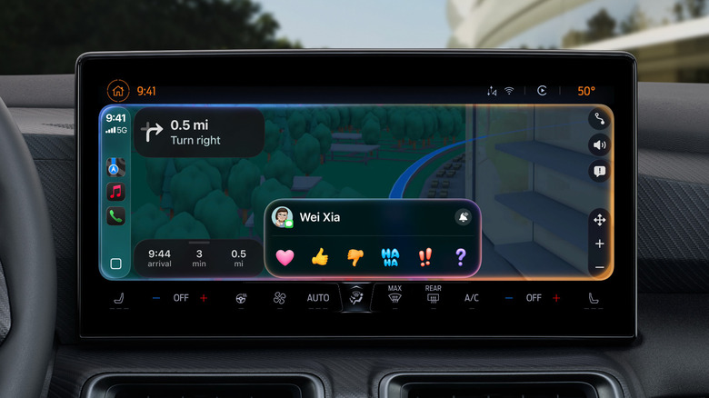 Apple's CarPlay in iOS 26 displaying the ability to tapback to reply a message from the Messages app